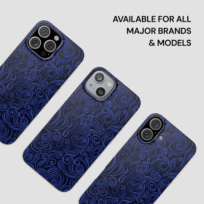 Three blue patterned phone cases on a light gray background with text 'Available for all major brands & models'.