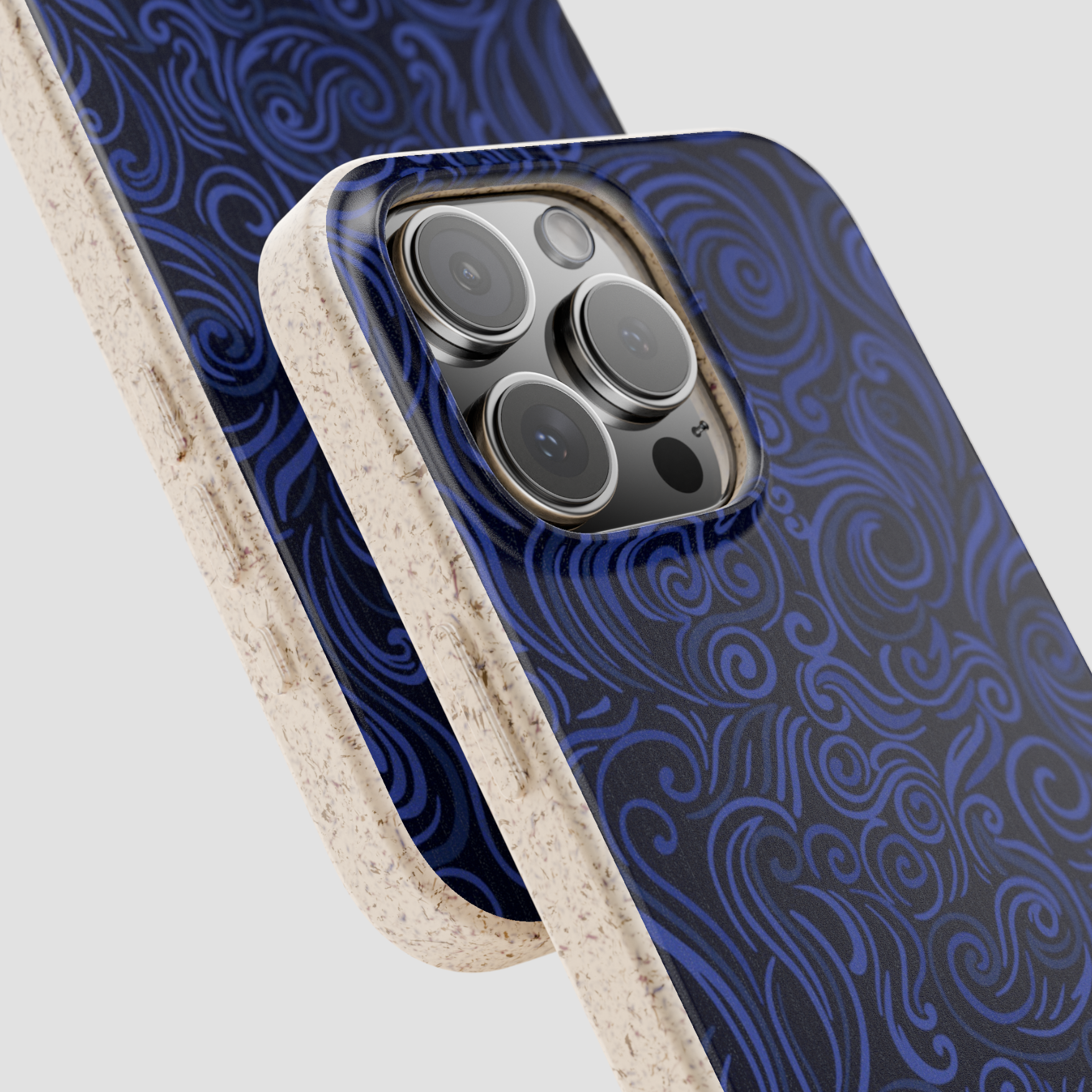 Phone case with blue wave pattern and beige border on a white background