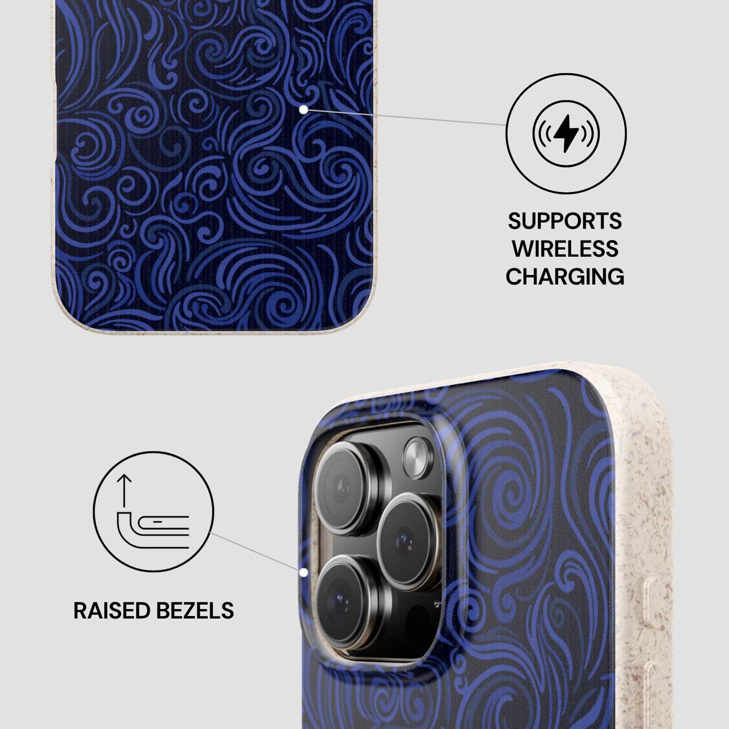 Phone case with blue wave pattern, wireless charging symbol, and raised bezels text on a gray background