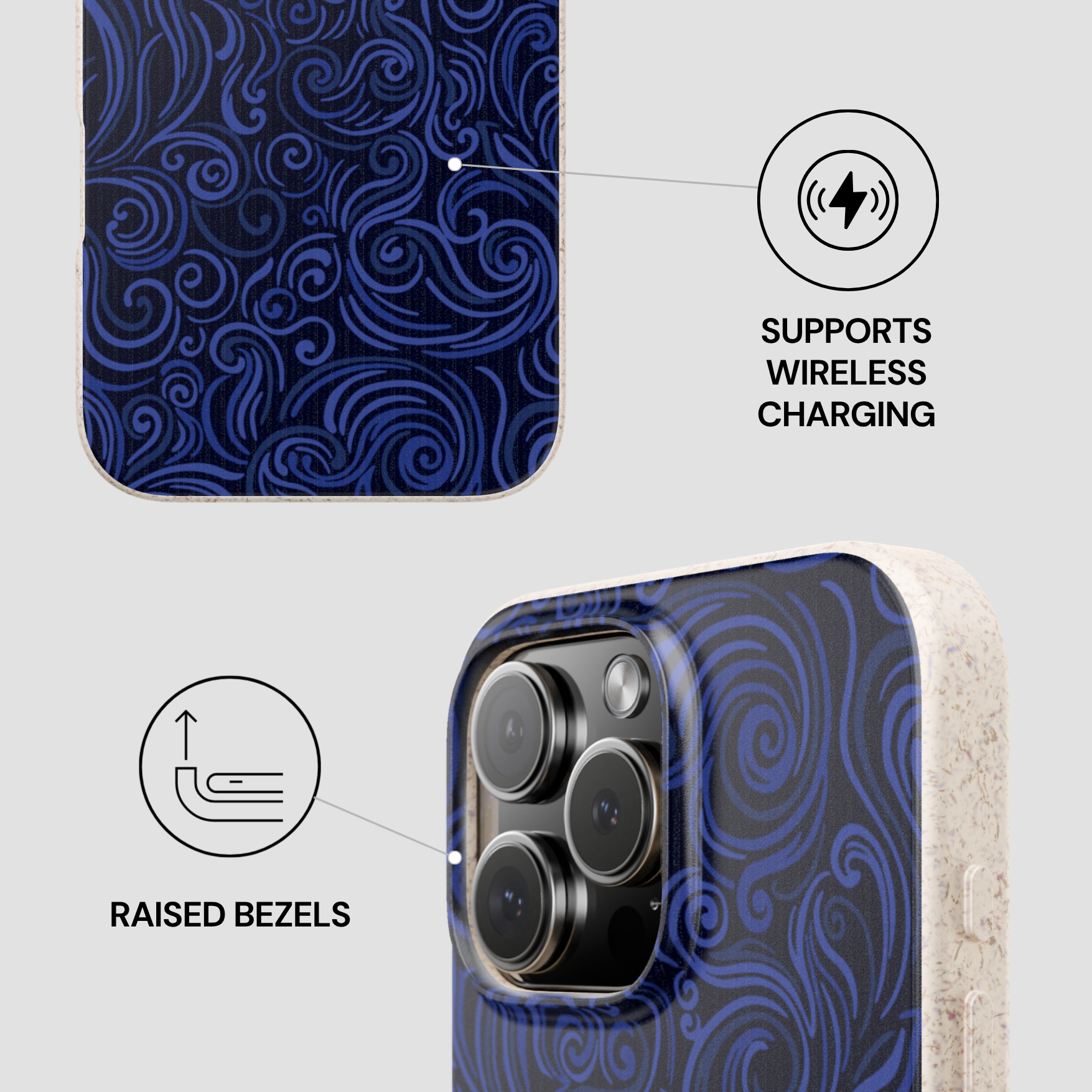 Phone case with blue wave pattern, wireless charging symbol, and raised bezels text on a gray background