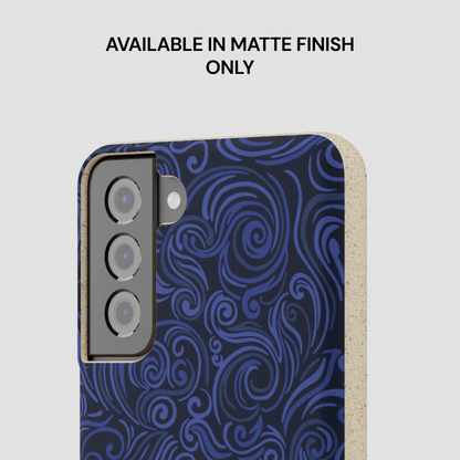 Blue patterned phone case with text indicating matte finish only on a light gray background