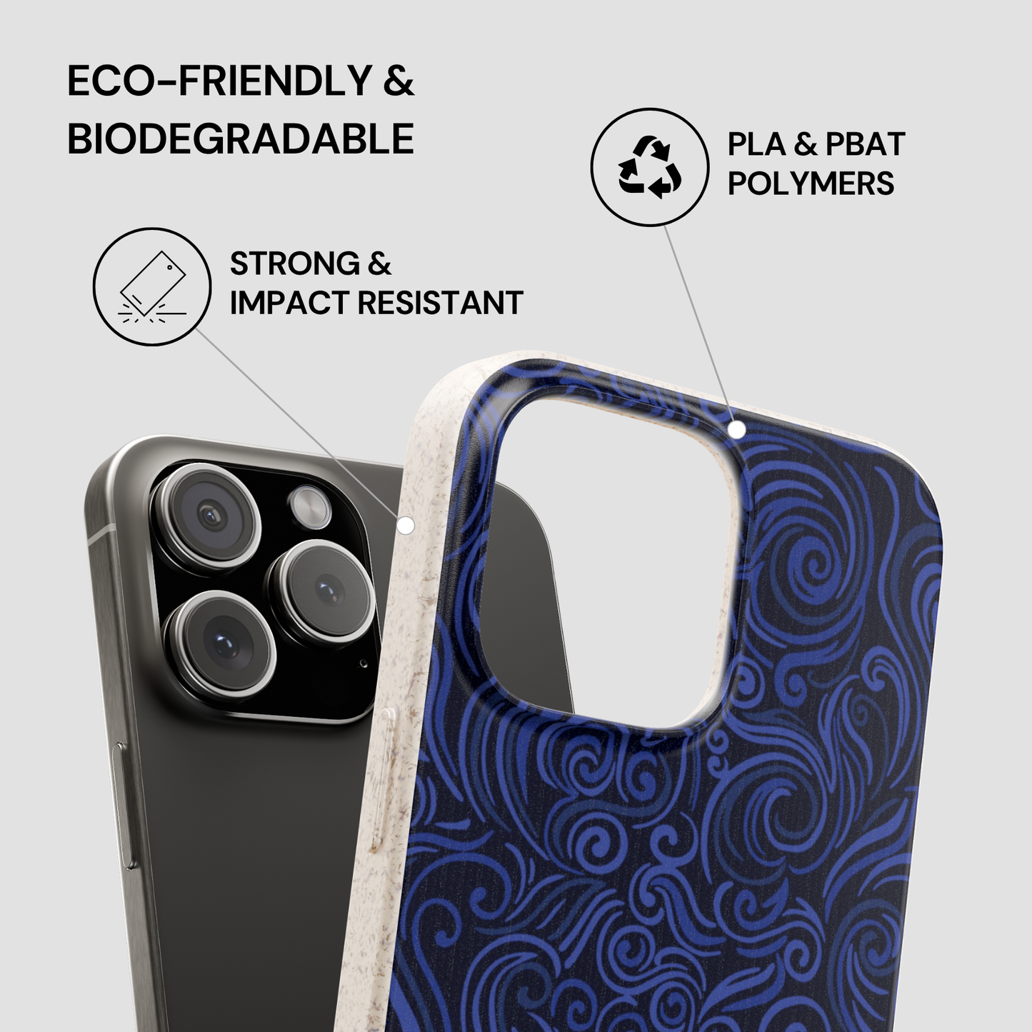Blue patterned phone case with eco-friendly and biodegradable features on a gray background
