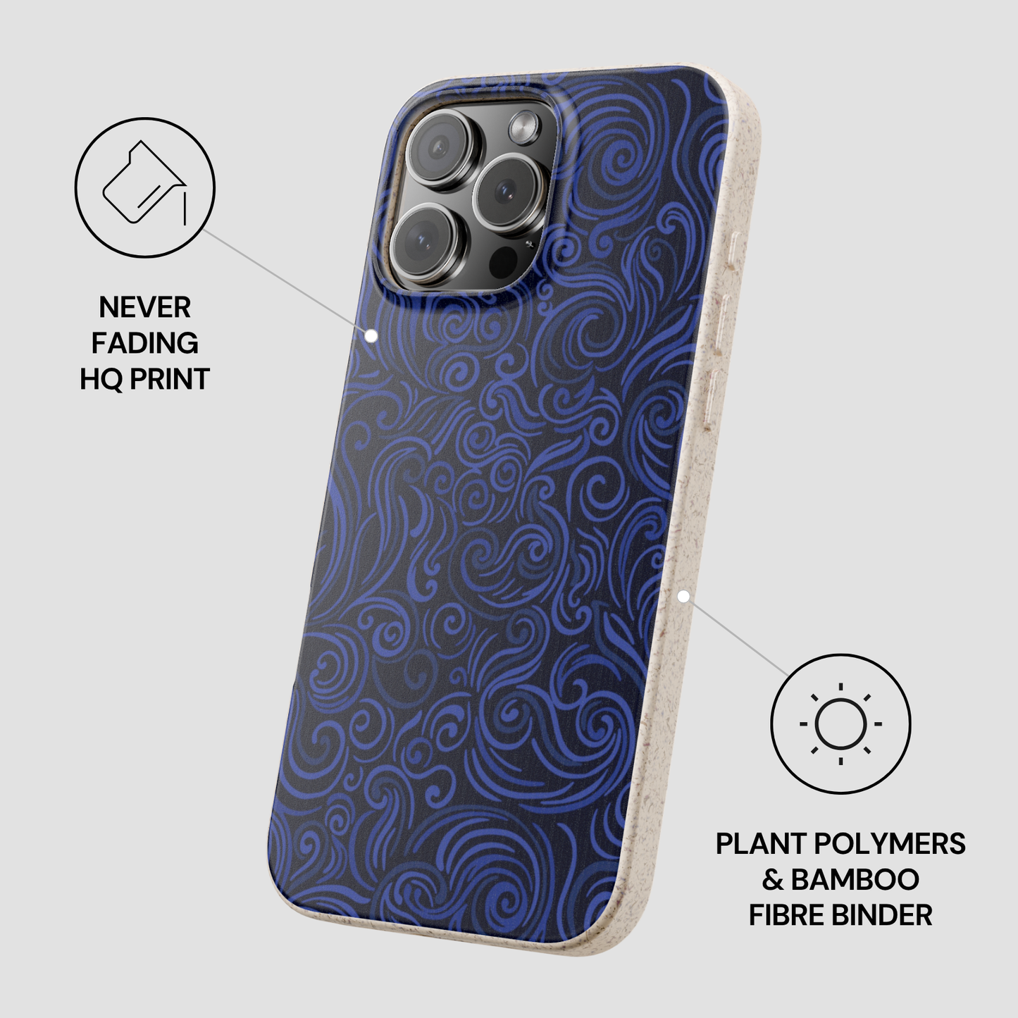 Phone case with blue pattern on a white background