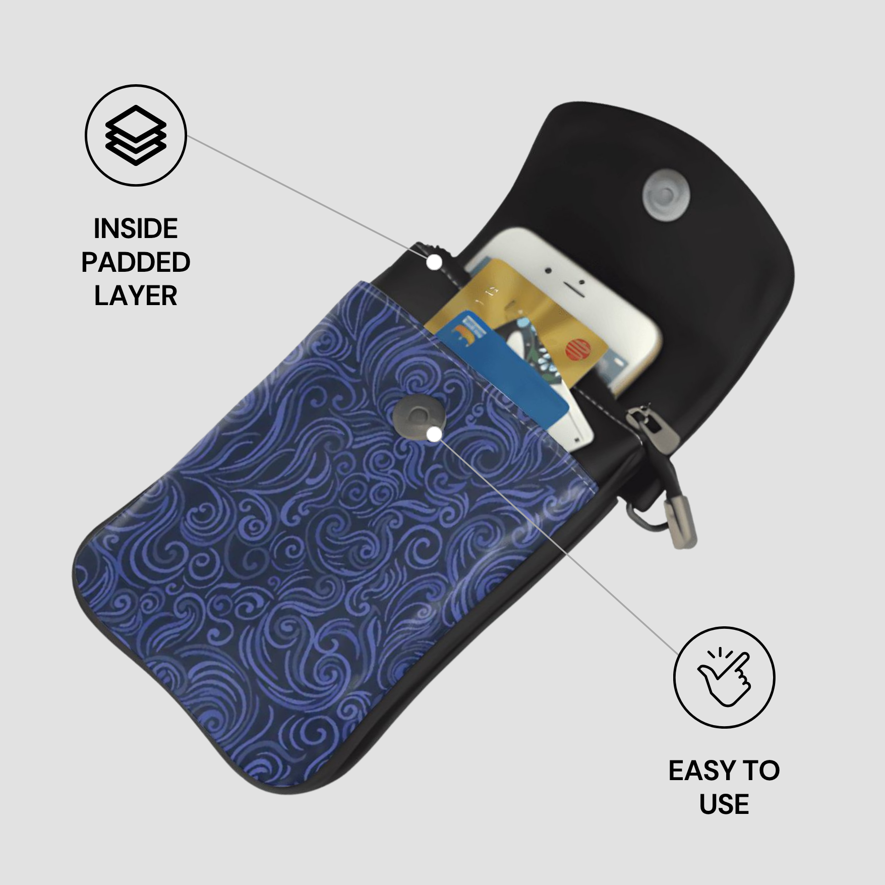 Black pouch with blue patterned pocket containing a phone and cards, on a light gray background.