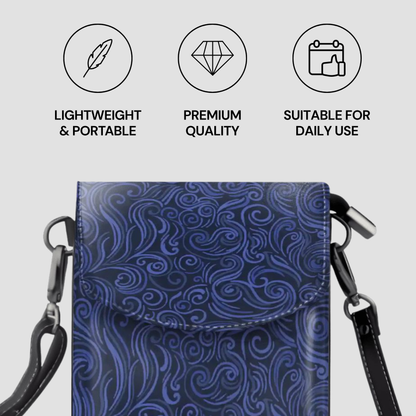 Blue patterned bag with icons and text on a gray background