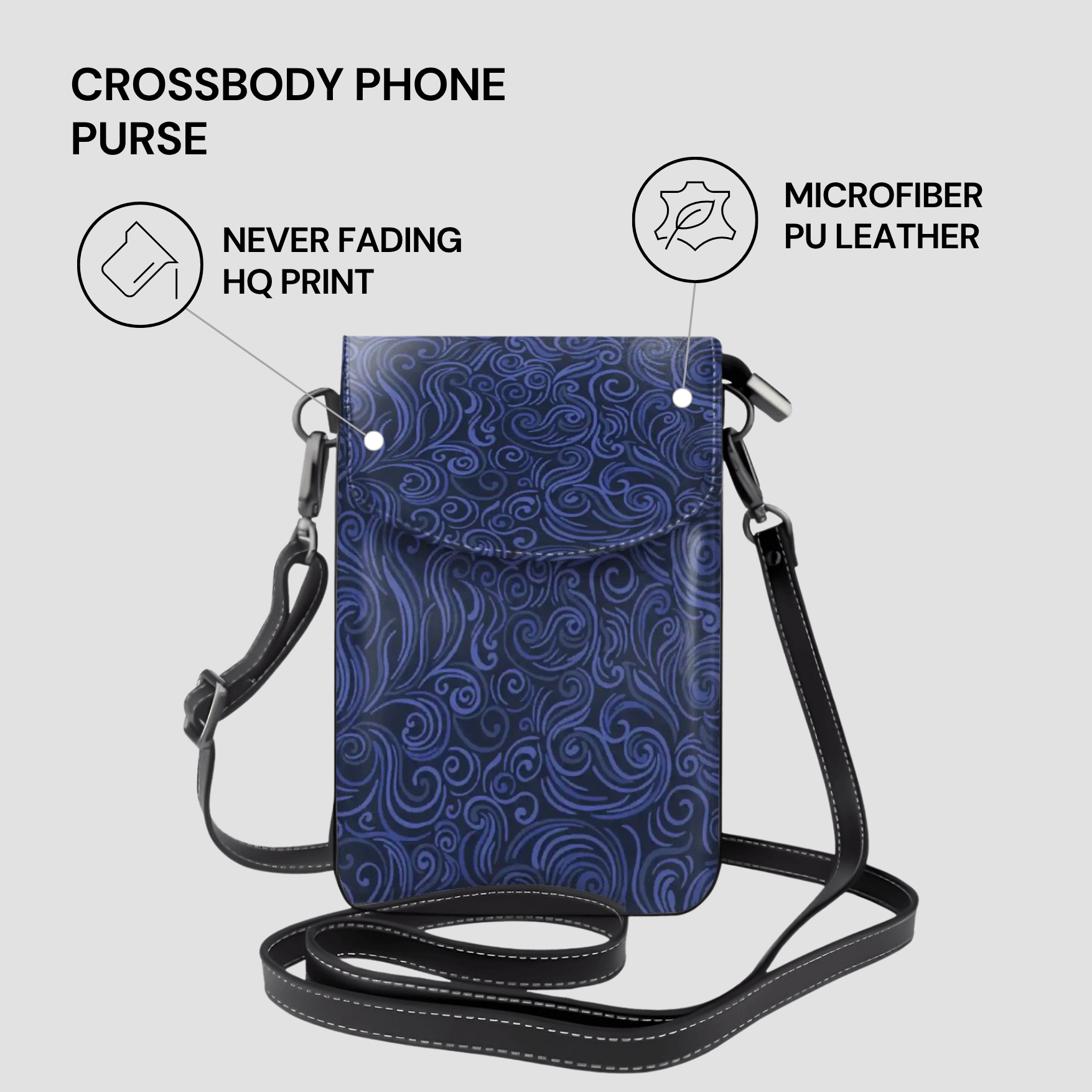 Blue crossbody phone purse with features highlighted on a white background