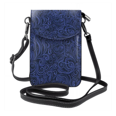 Blue patterned crossbody bag with a black strap on a white background