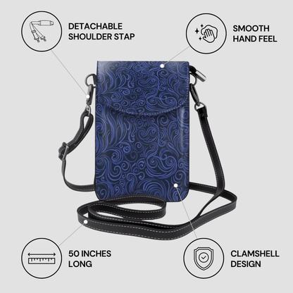 Blue patterned crossbody bag with features listed on a light gray background