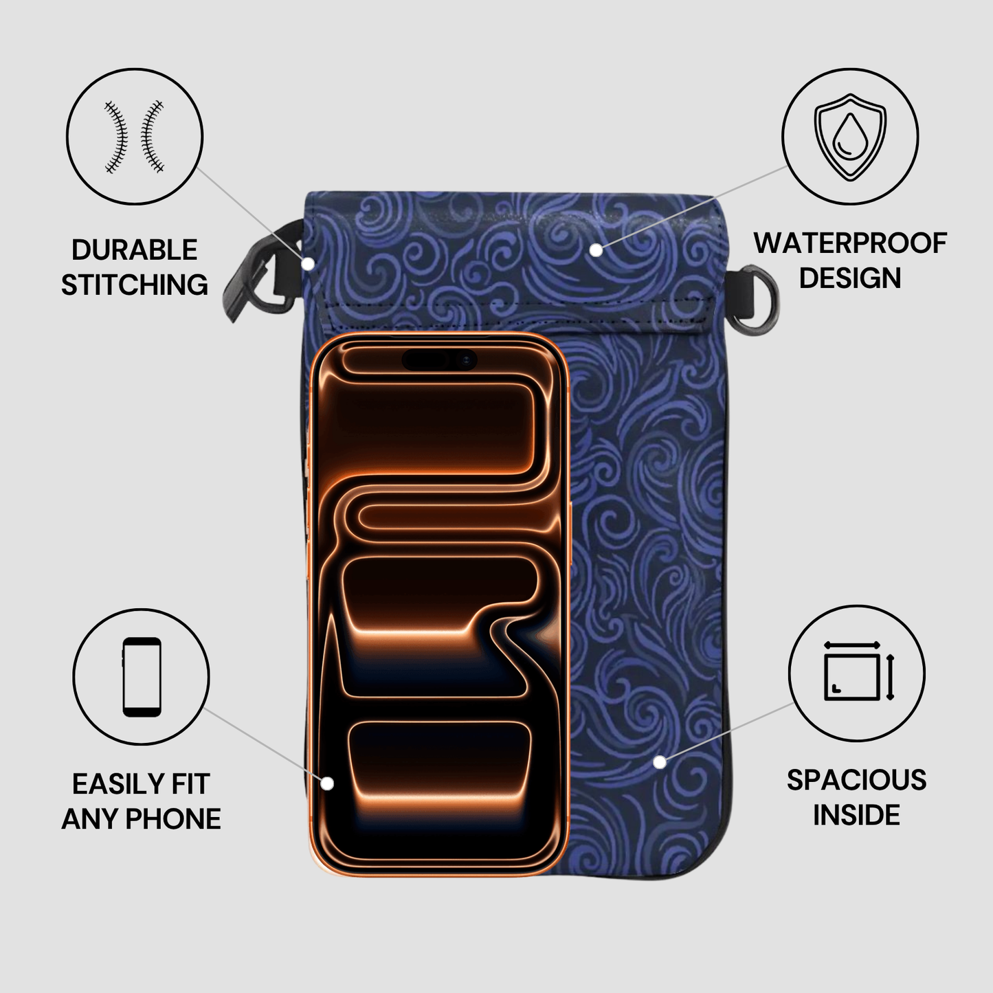 Blue phone case with features highlighted on a gray background