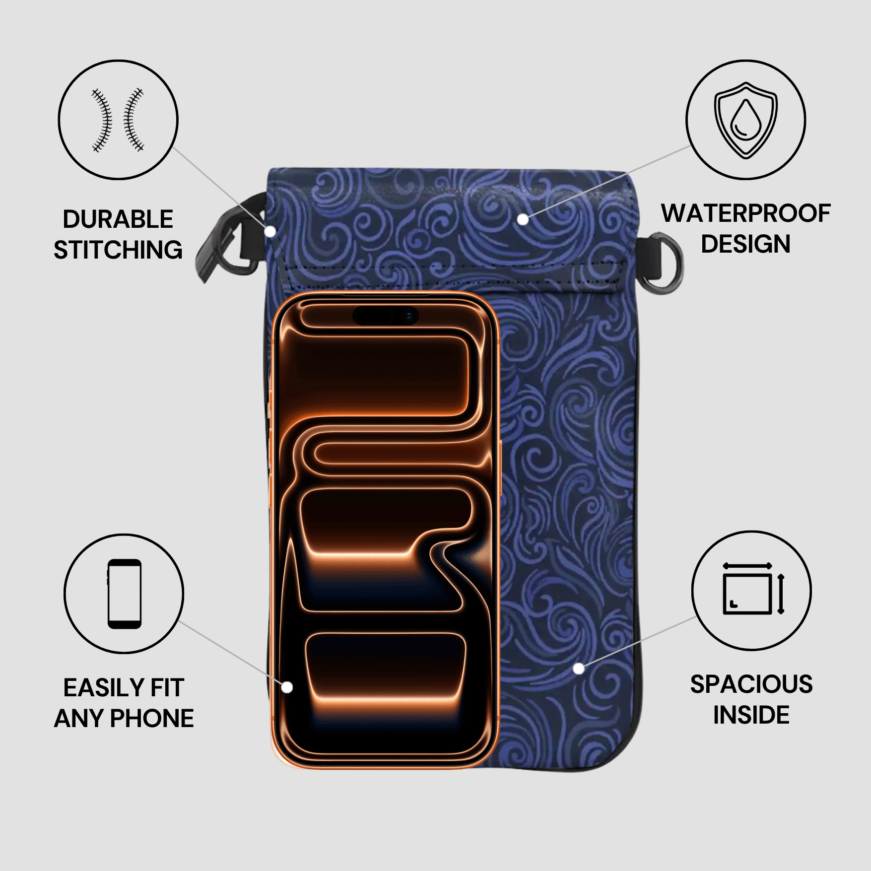 Blue phone case with features highlighted on a gray background