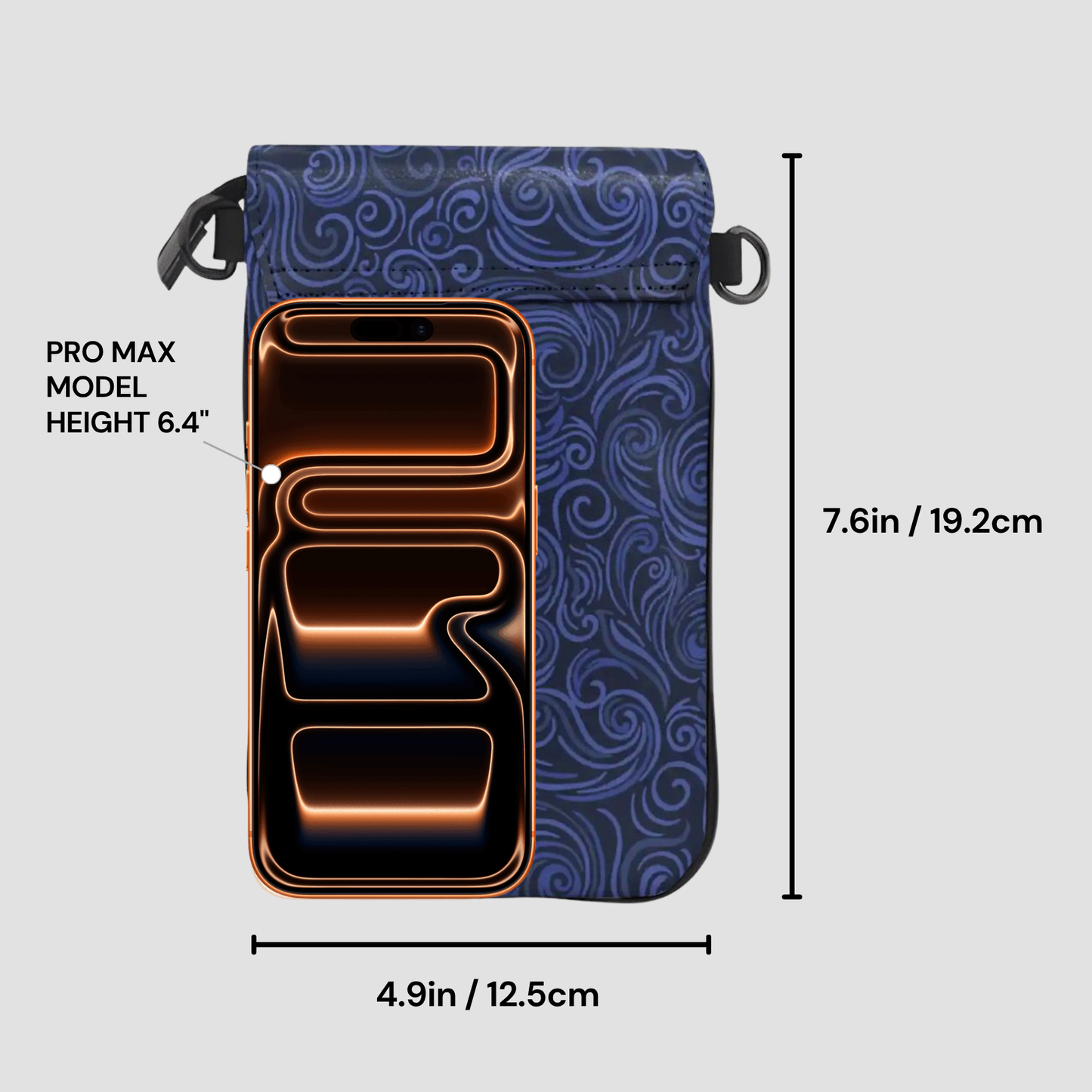 Phone case with measurements on a light gray background