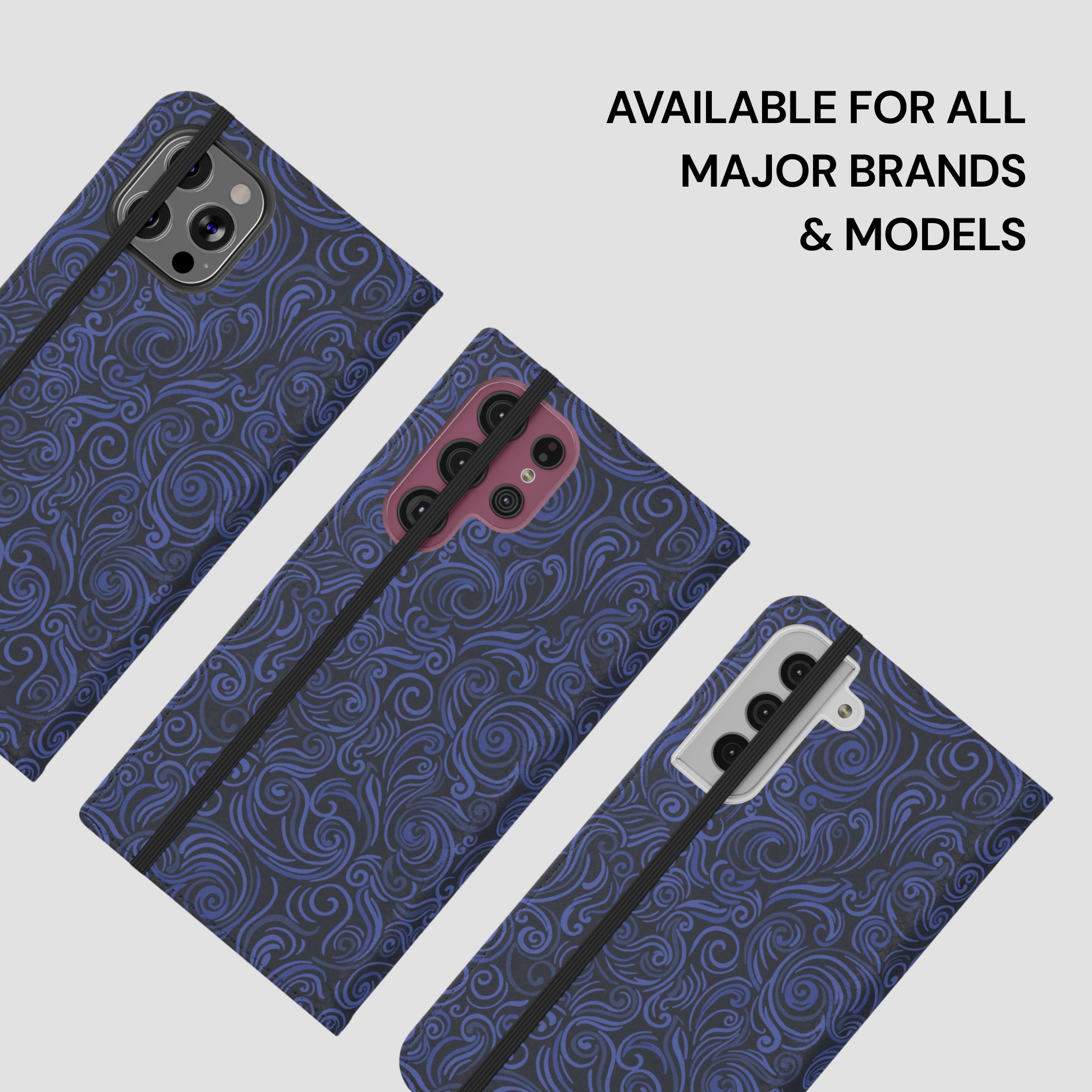 Blue patterned phone case on a white background with text 'Available for all major brands & models'.