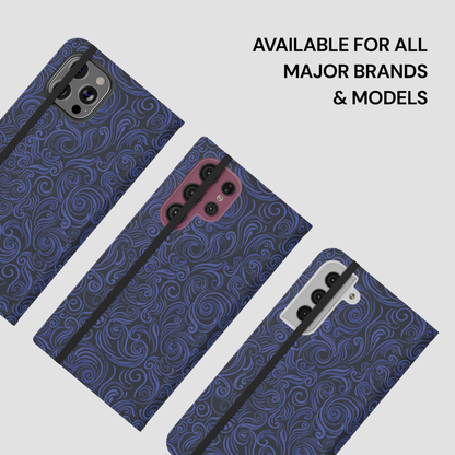 Blue patterned phone case on a white background with text 'Available for all major brands & models'.