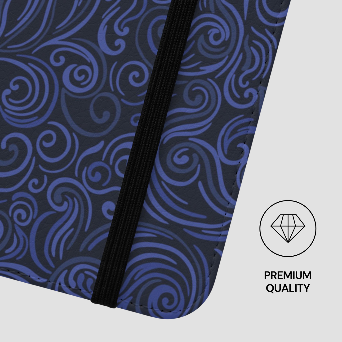Blue wavy patterned product with a black strip on a white background, featuring a 'Premium Quality' label.