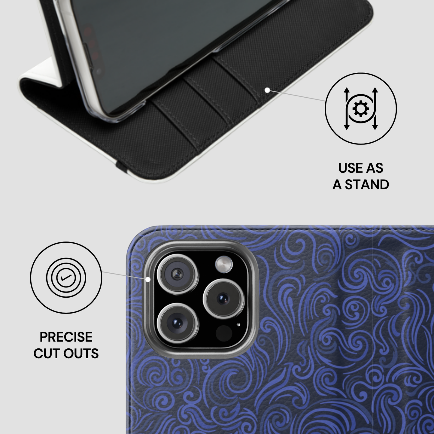 Phone case with stand feature and blue patterned design