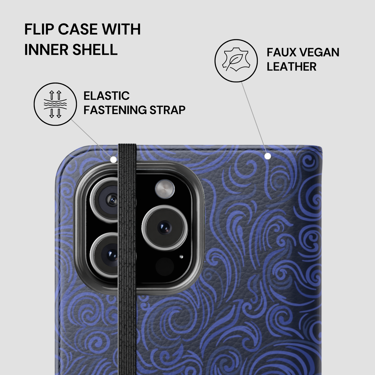 Flip case with inner shell featuring faux vegan leather, elastic fastening strap, and blue pattern on a gray background.