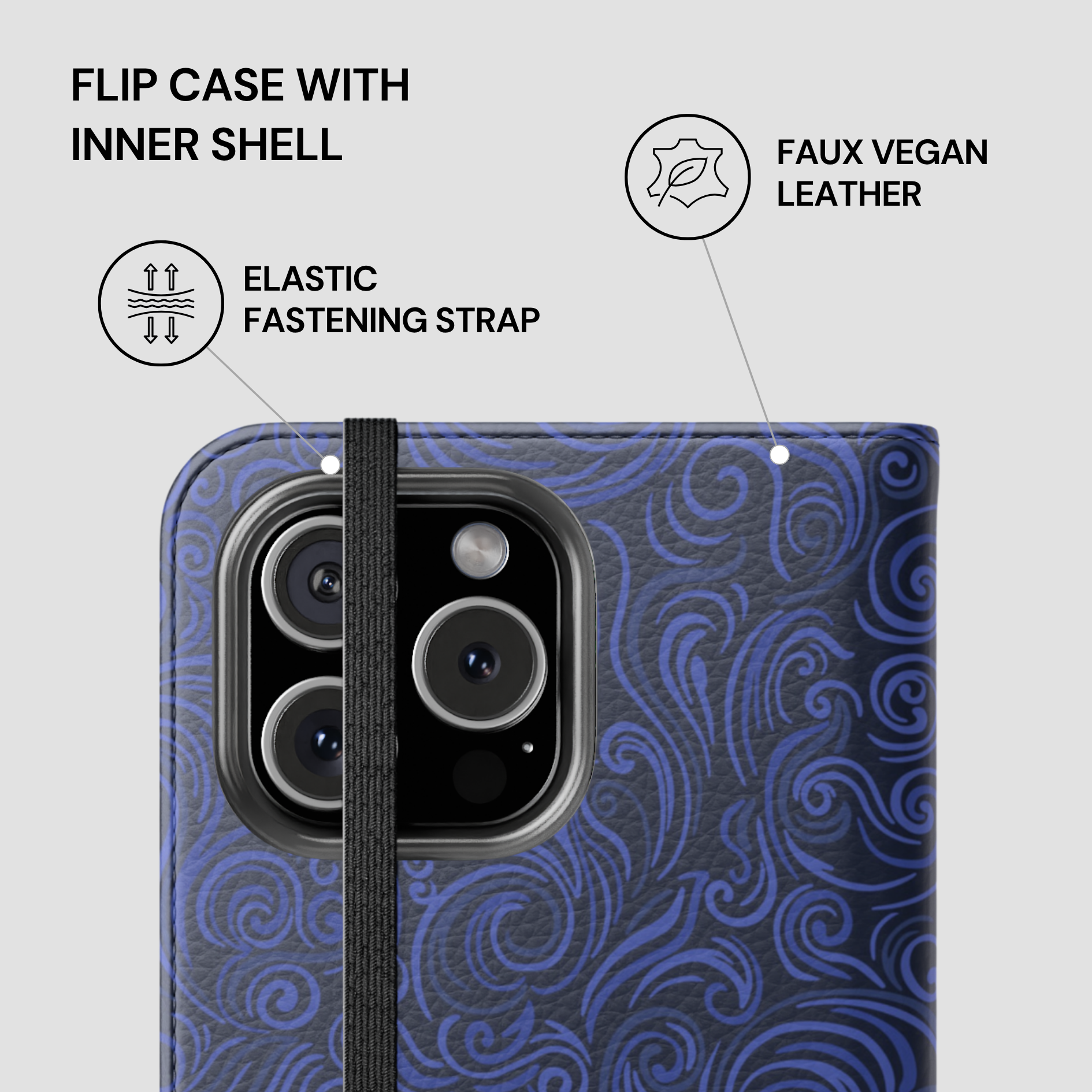 Flip case with inner shell featuring faux vegan leather, elastic fastening strap, and blue pattern on a gray background.