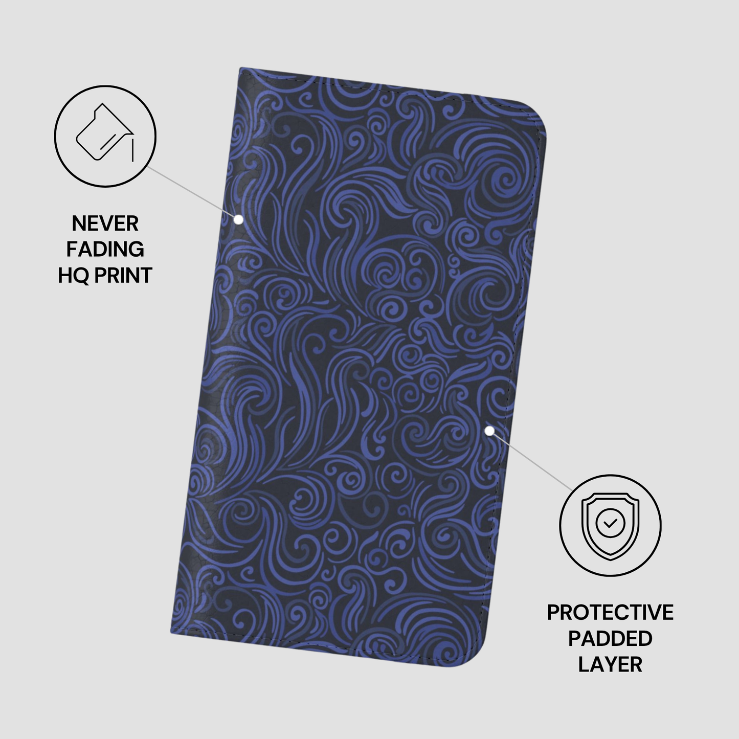 Blue patterned notebook with text indicating 'Never Fading HQ Print' and 'Protective Padded Layer' on a white background.