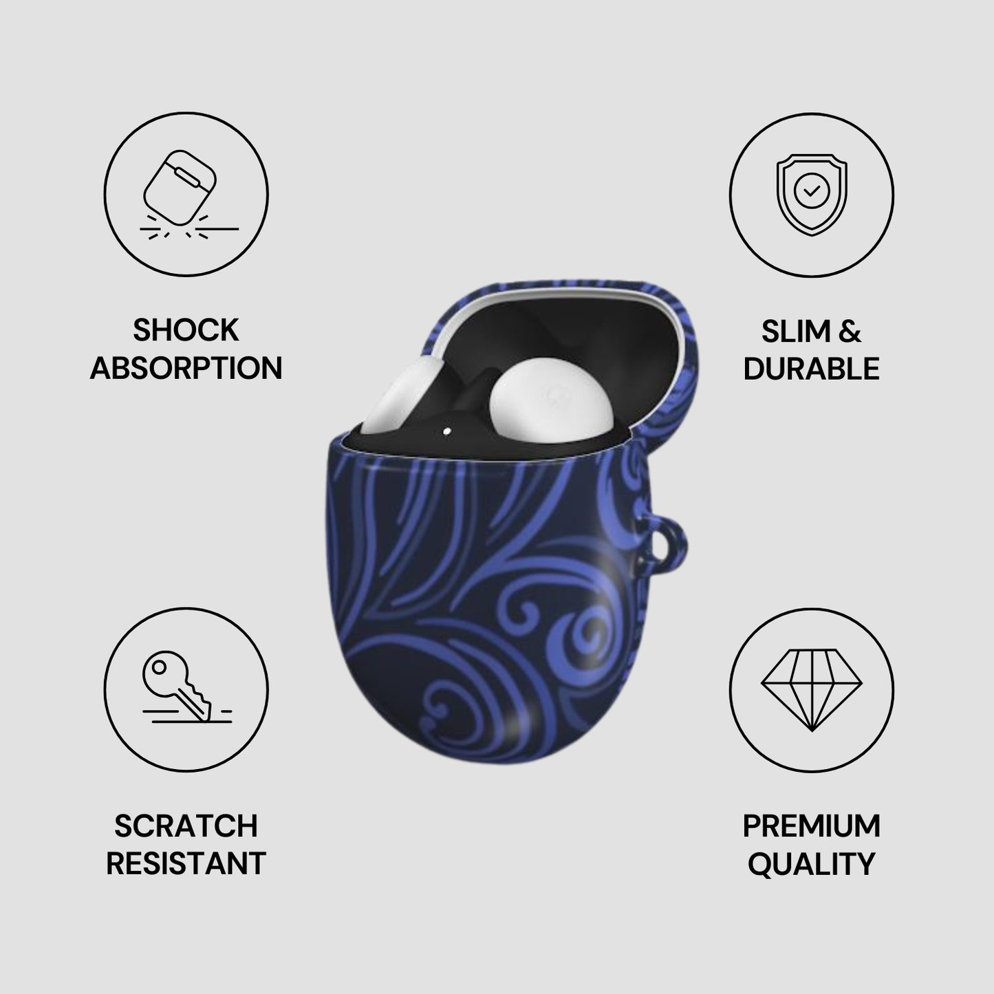 Blue and black case with white product, surrounded by icons and text on a gray background