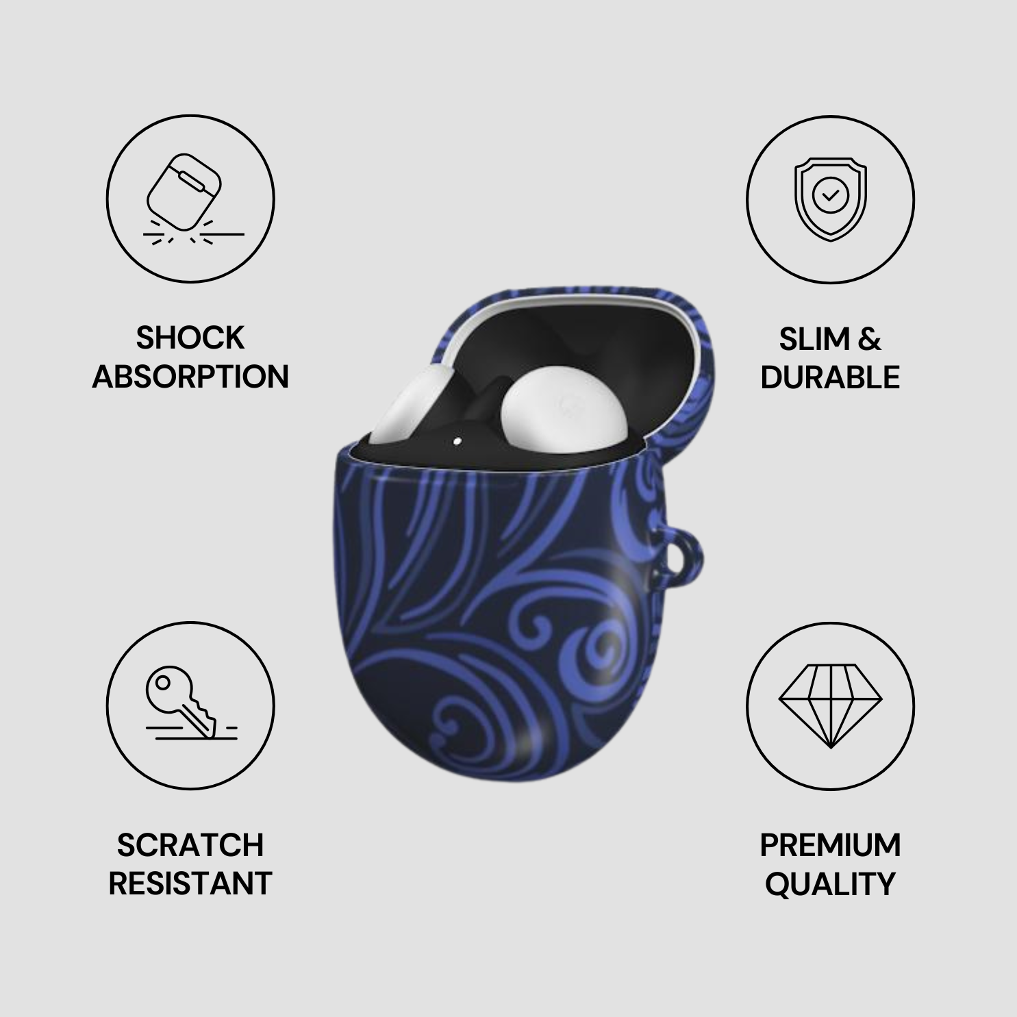 Blue and black case with white product, surrounded by icons and text on a gray background