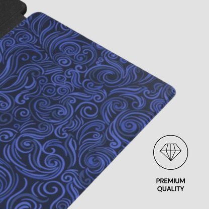 Blue patterned fabric with a 'Premium Quality' label on a white background