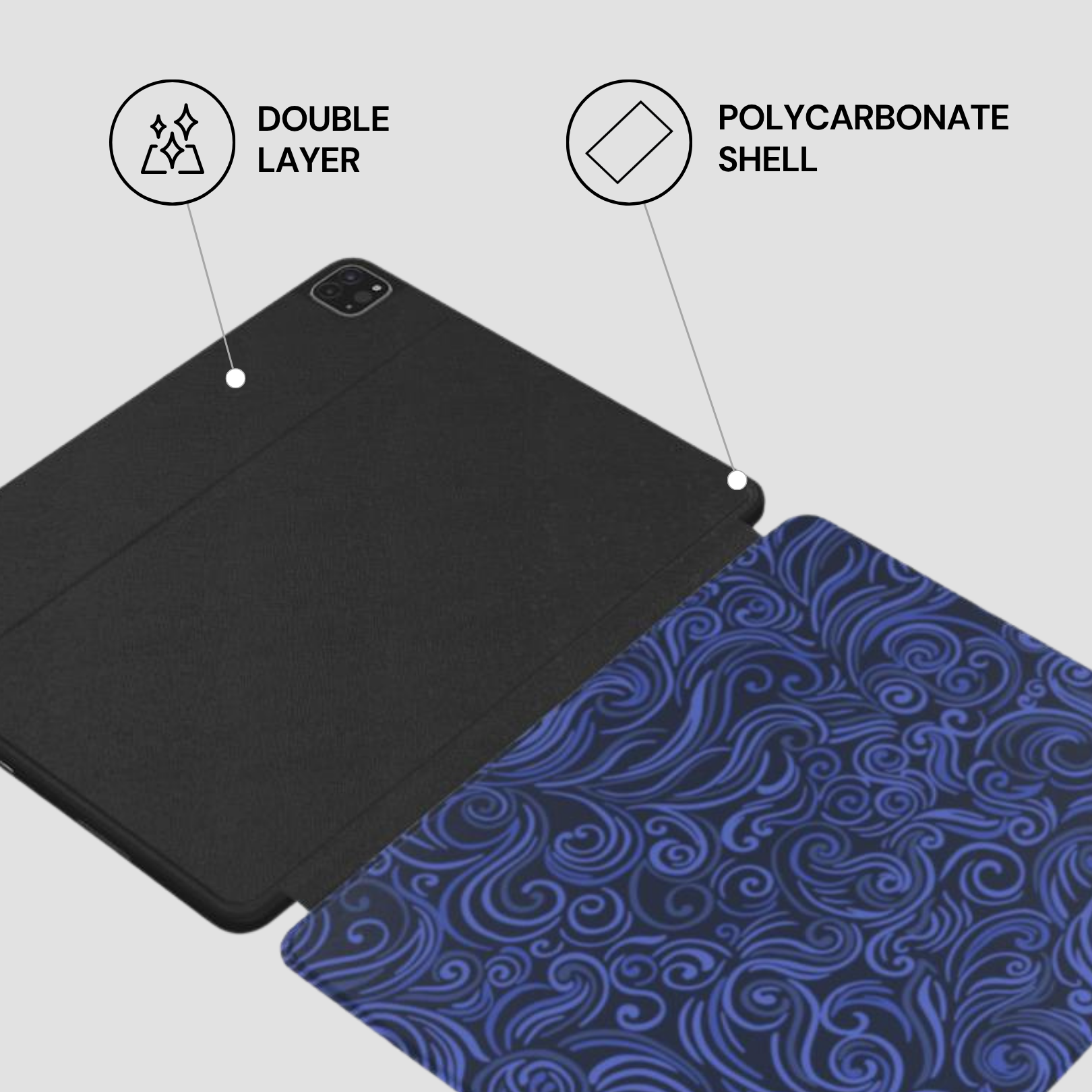 Two tablet cases, one black and one with a blue wave pattern, on a light gray background.