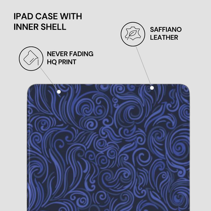 Blue patterned iPad case with text highlighting features on a gray background