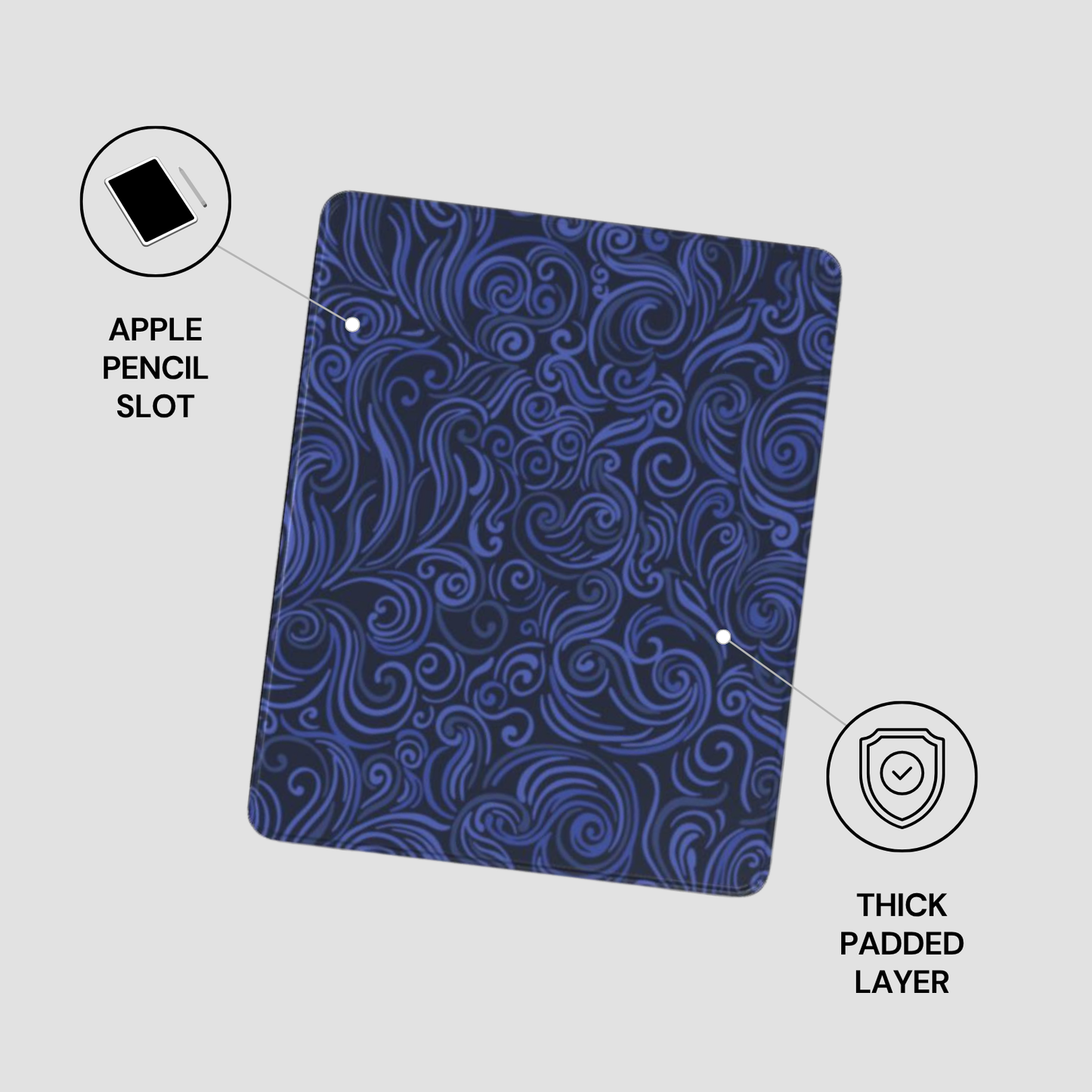 Blue patterned case with Apple Pencil slot and thick padded layer on a gray background
