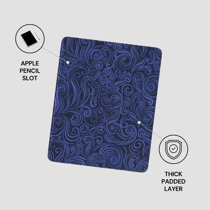 Blue patterned case with Apple Pencil slot and thick padded layer on a gray background