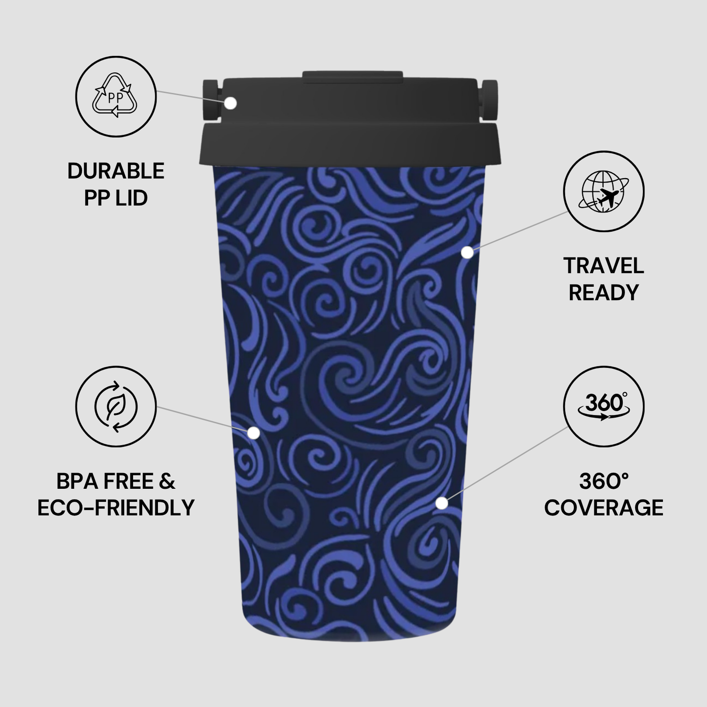 Blue patterned tumbler with features highlighted on a gray background