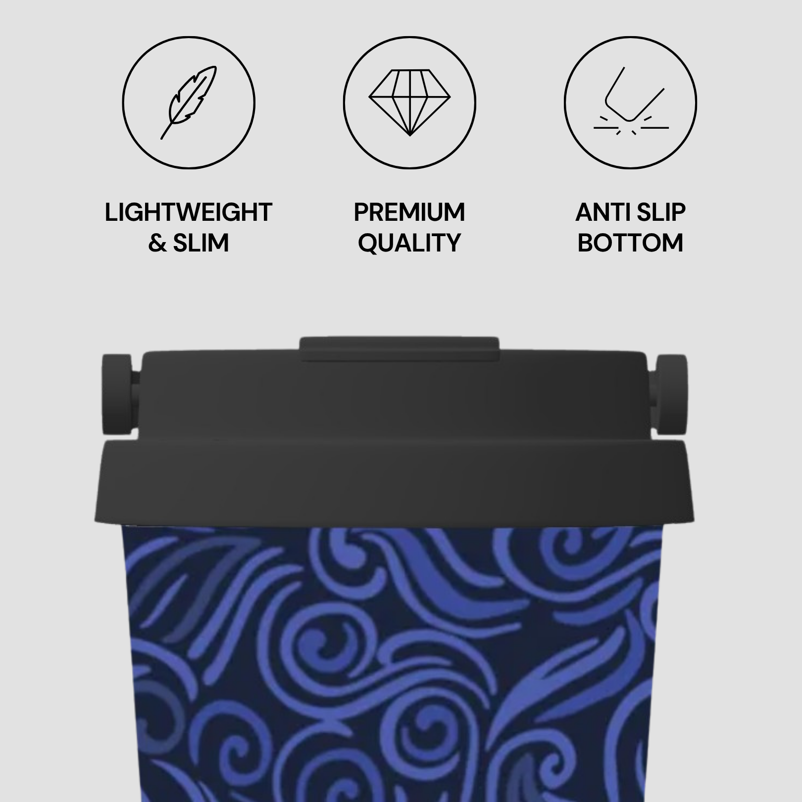 Blue patterned tumbler with black lid on a light gray background, featuring icons and text about product features.