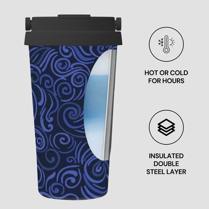 Blue swirl-patterned tumbler with black lid on a light gray background