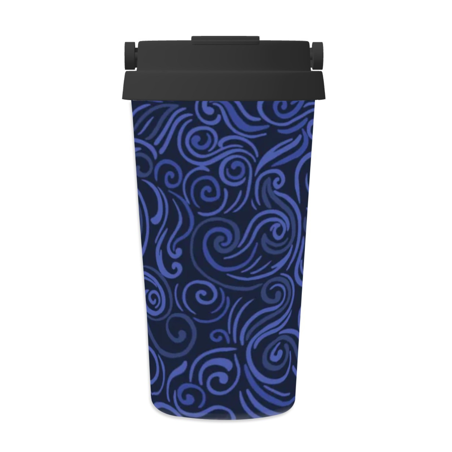 Black container with blue swirling pattern on a white background