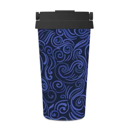 Black container with blue swirling pattern on a white background