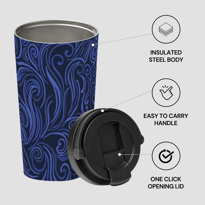 Blue patterned tumbler with black lid on a white background