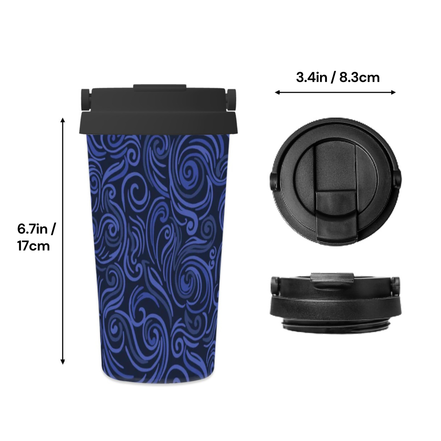 Blue swirl-patterned travel mug with black lid and measurements on a white background