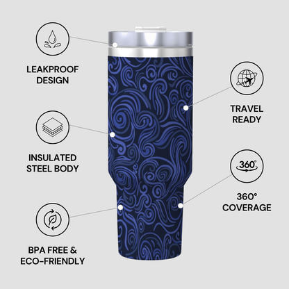 Leopard print tumbler with features listed on a gray background