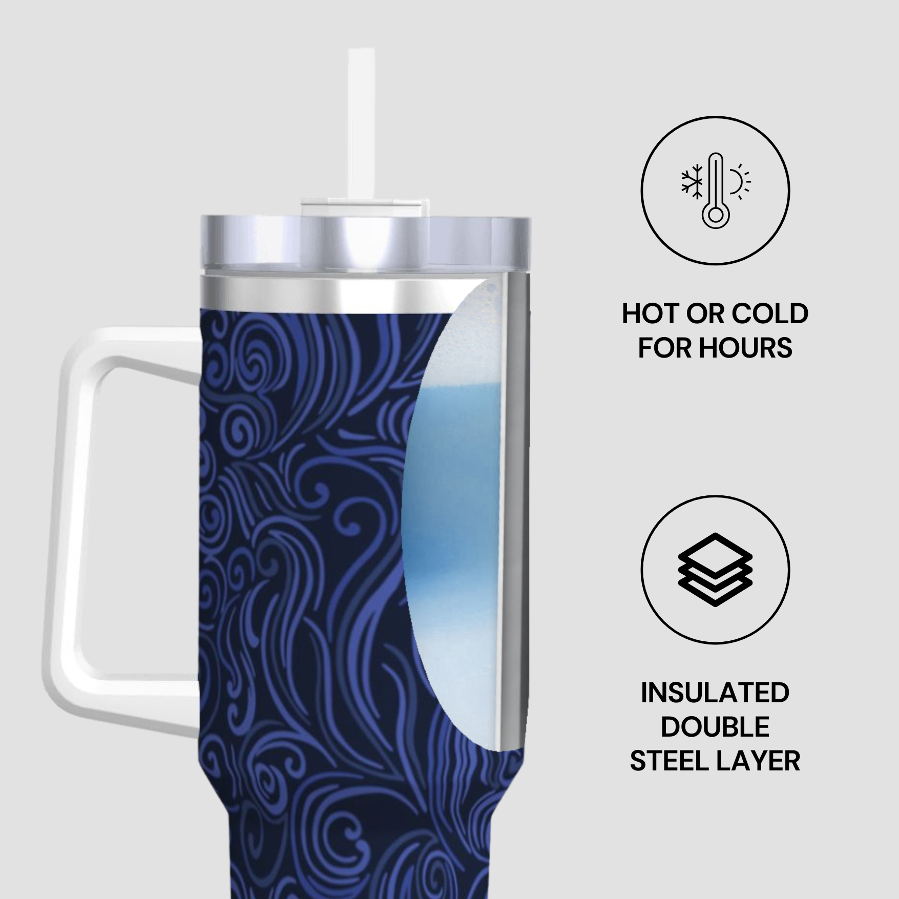 Blue patterned tumbler with a white handle and straw on a light gray background