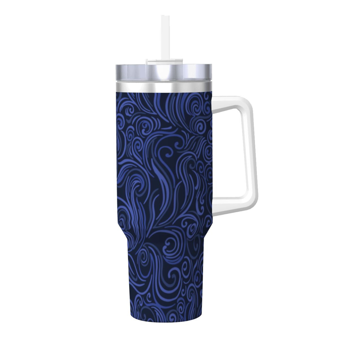 Blue swirl-patterned tumbler with a white handle and straw on a white background