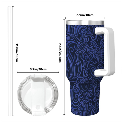 Blue patterned tumbler with handle and measurements on a white background