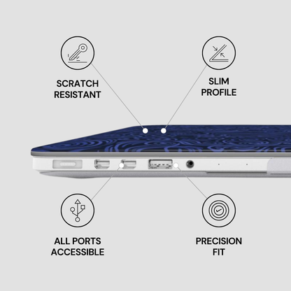 Laptop with features labeled as scratch resistant, slim profile, all ports accessible, and precision fit on a white background.