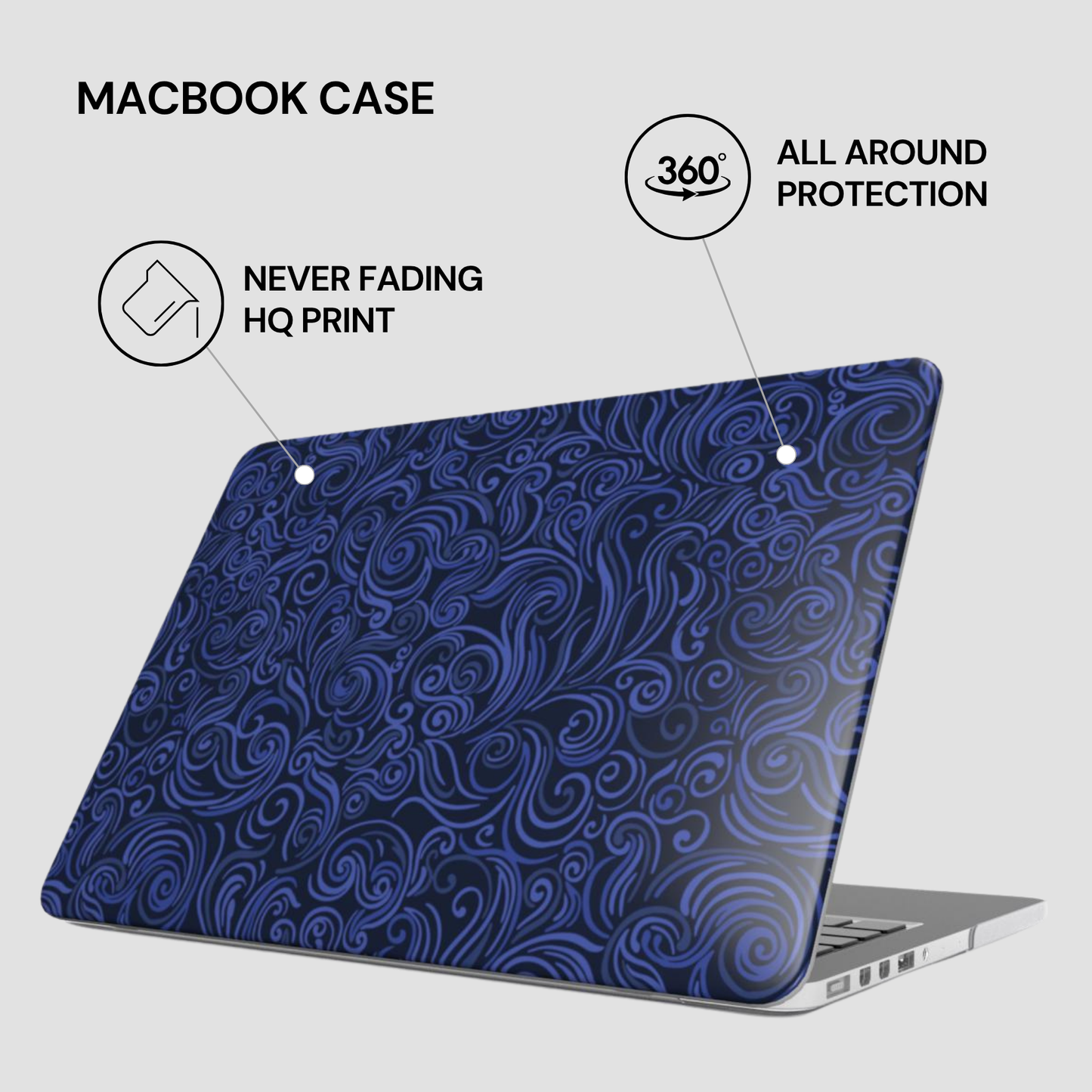 Blue patterned MacBook case with text highlighting features on a white background