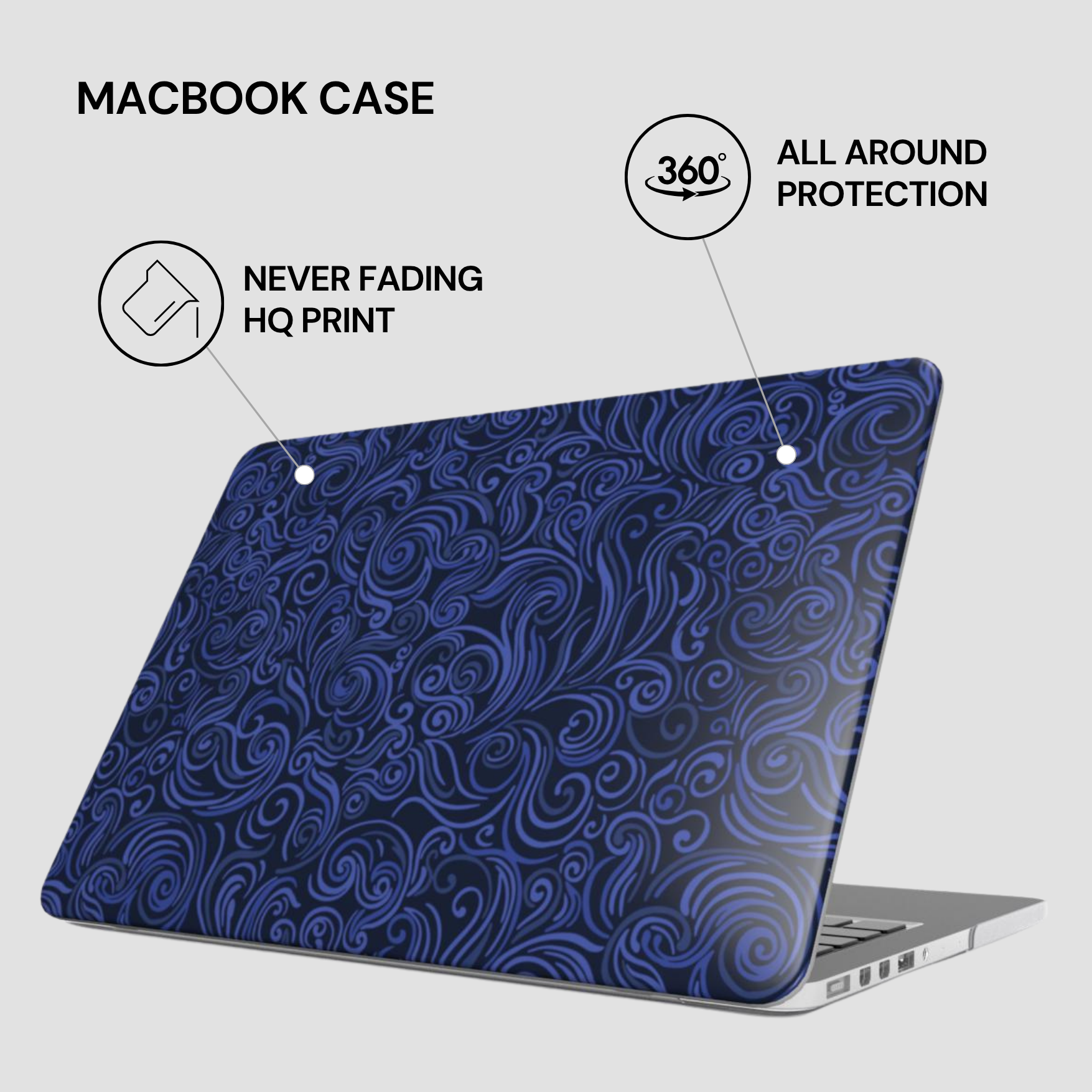 Blue patterned MacBook case with text highlighting features on a white background