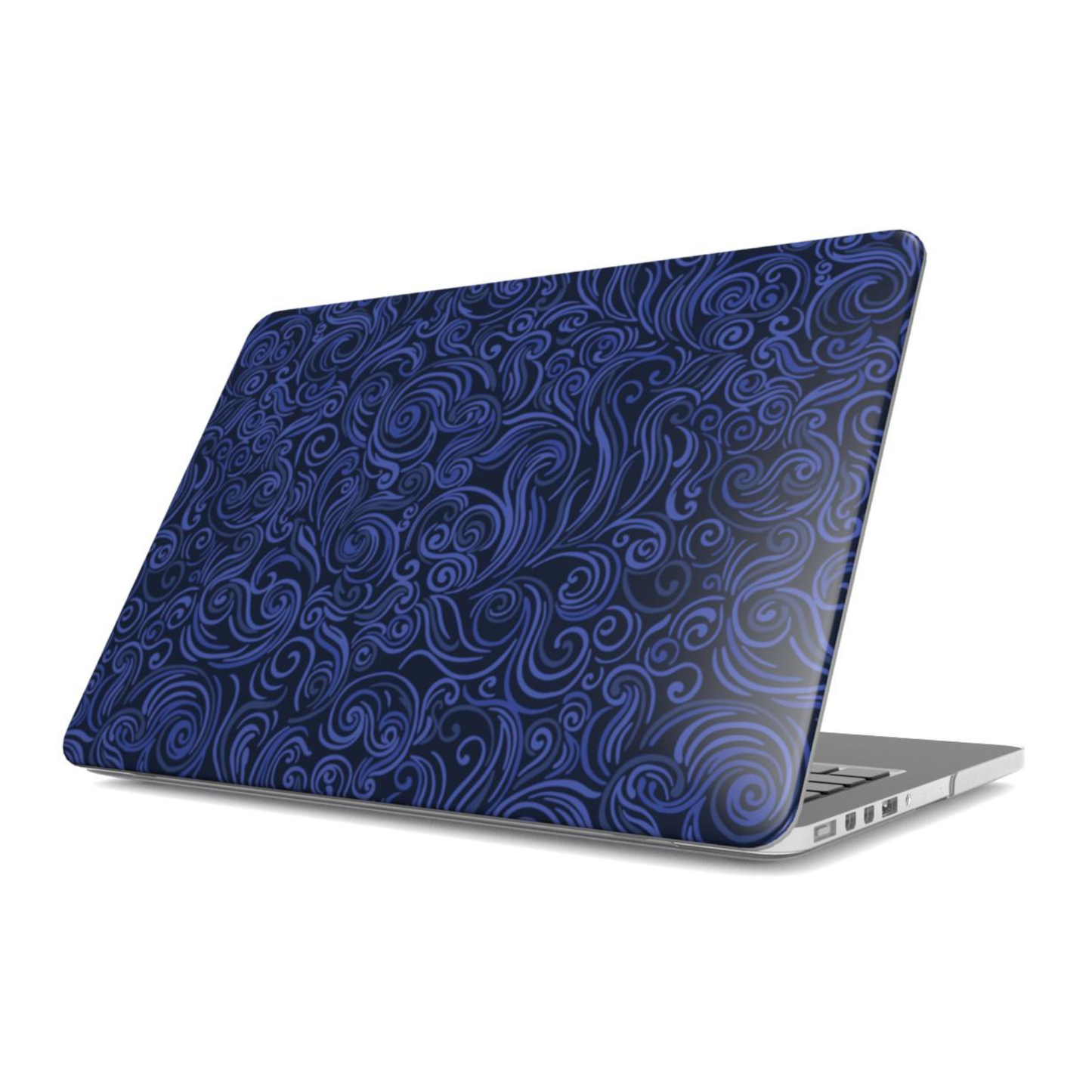 Laptop with a blue swirling pattern on a white background
