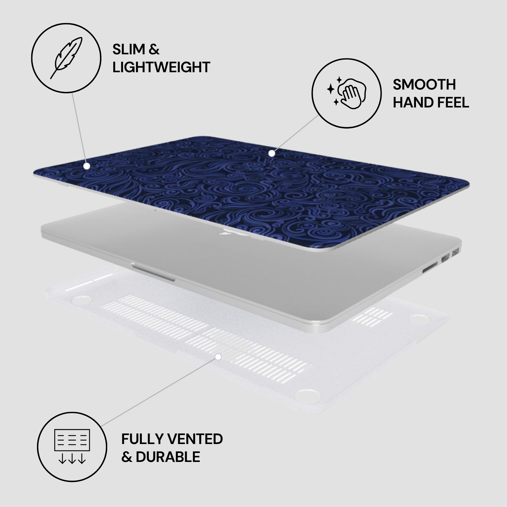 Laptop with blue patterned cover on a white background, featuring text labels about features.
