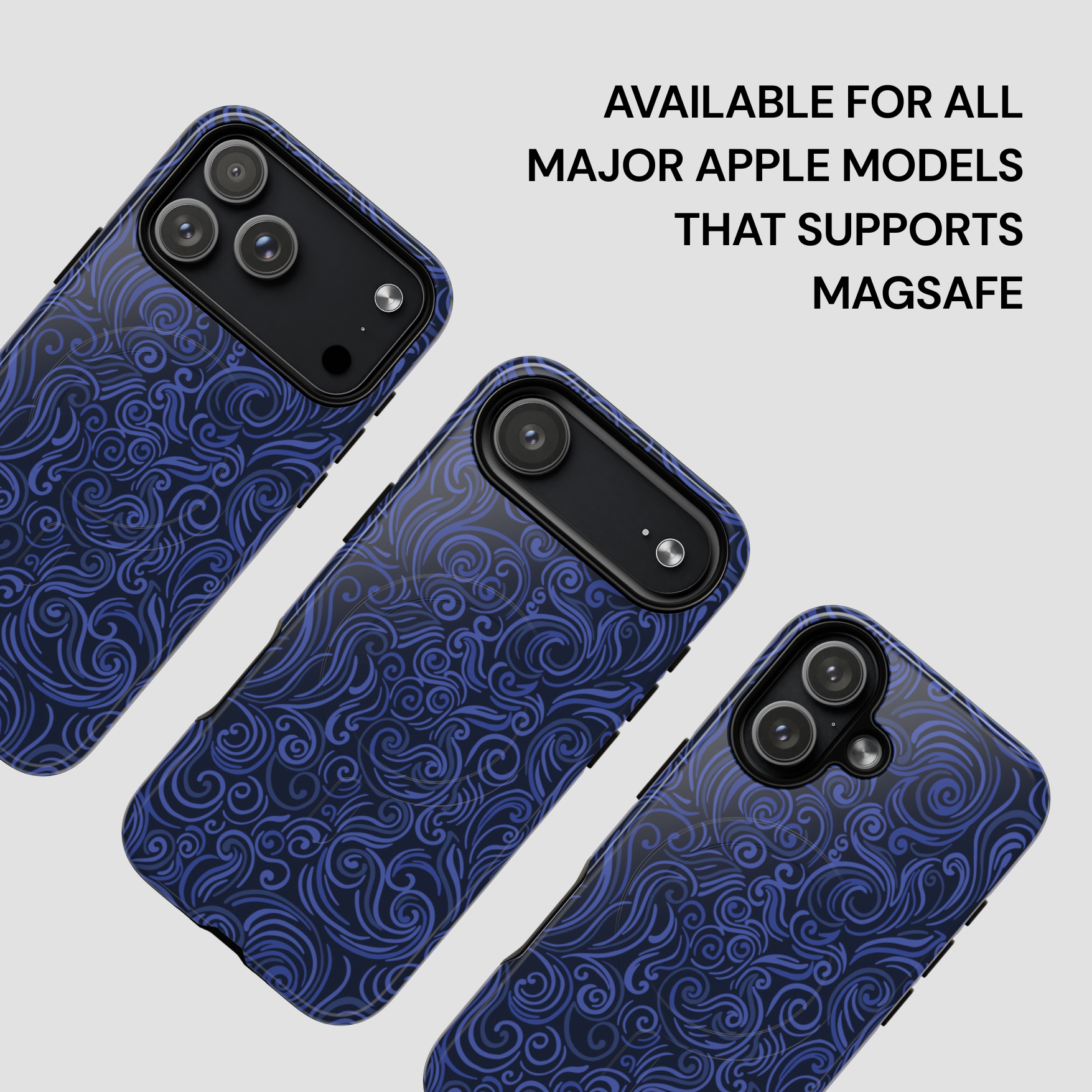 Blue patterned phone case with text about compatibility on a light gray background