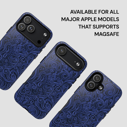 Blue patterned phone case with text about compatibility on a light gray background