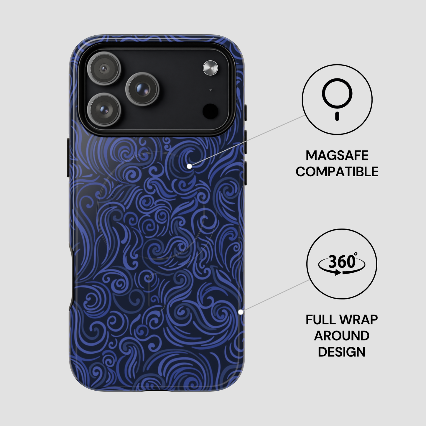 Blue patterned phone case with Magsafe compatibility and 360-degree wrap design on a gray background