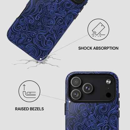 Blue patterned phone case with shock absorption and raised bezels features on a white background