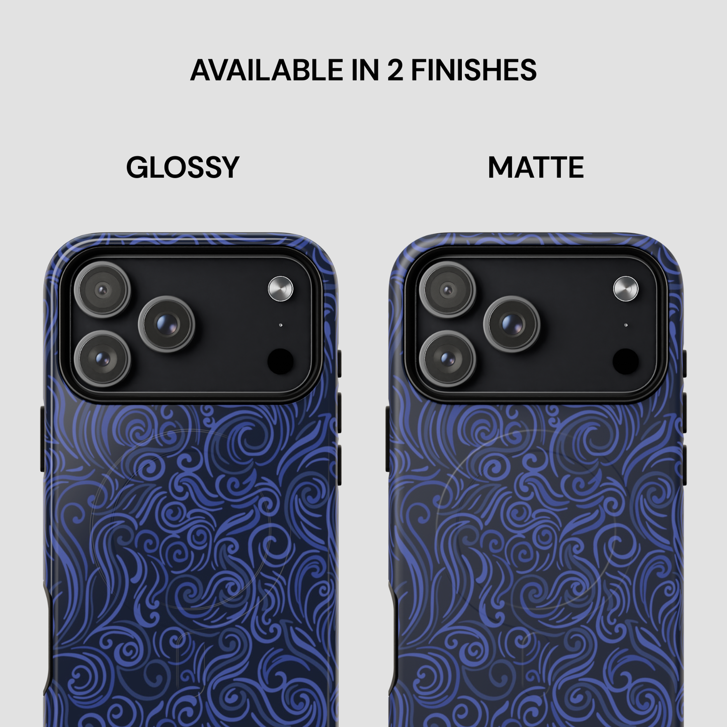 Two blue patterned phone cases, one glossy and one matte, on a white background.